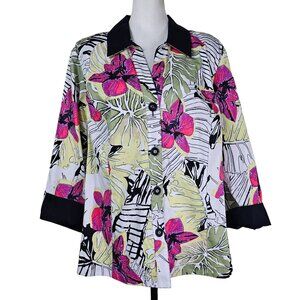 Zozo Artsy Button Up Blouse 2X Floral Pink Contrast Flip Cuff Relaxed Tropical